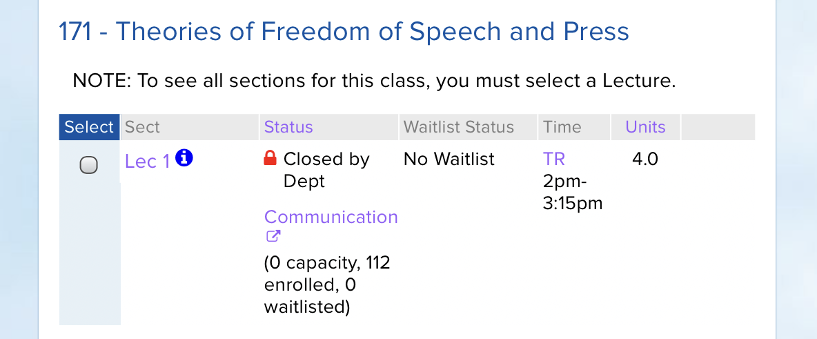 Comm 171, which is closed even with an enrollment of over 100 students. A lot of upper div Comm classes are closed like this, perhaps department policy is to close these sections after second or third week?